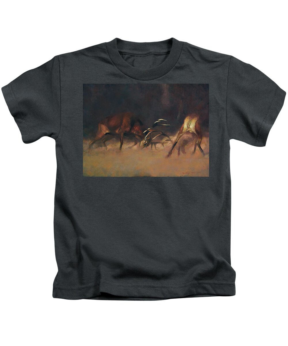 Fighting Stags Kids T-Shirt featuring the painting Fighting Stags I. by Attila Meszlenyi