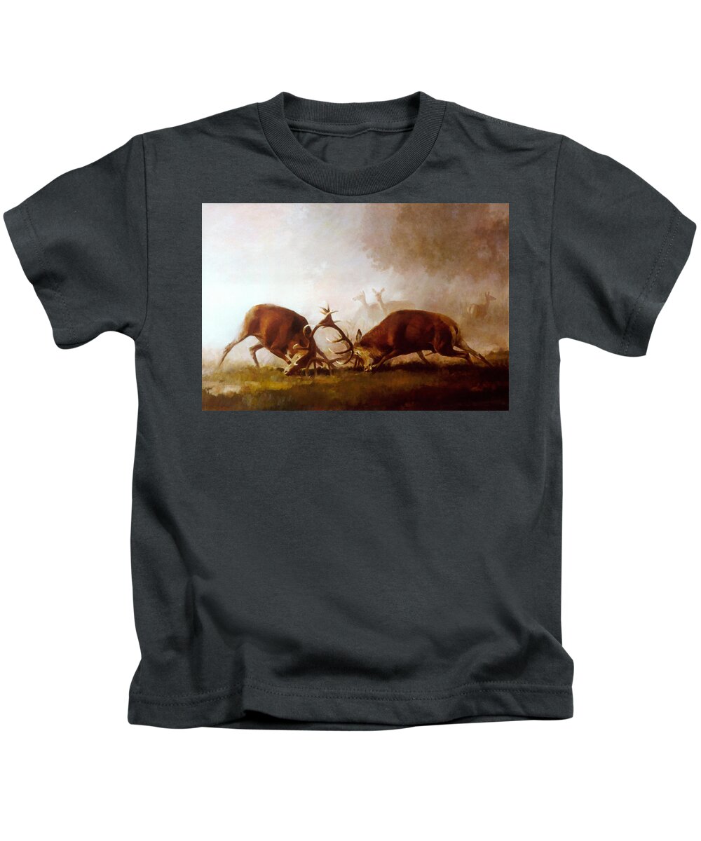 Fighting Stags Kids T-Shirt featuring the painting Fighting Stags II. by Attila Meszlenyi