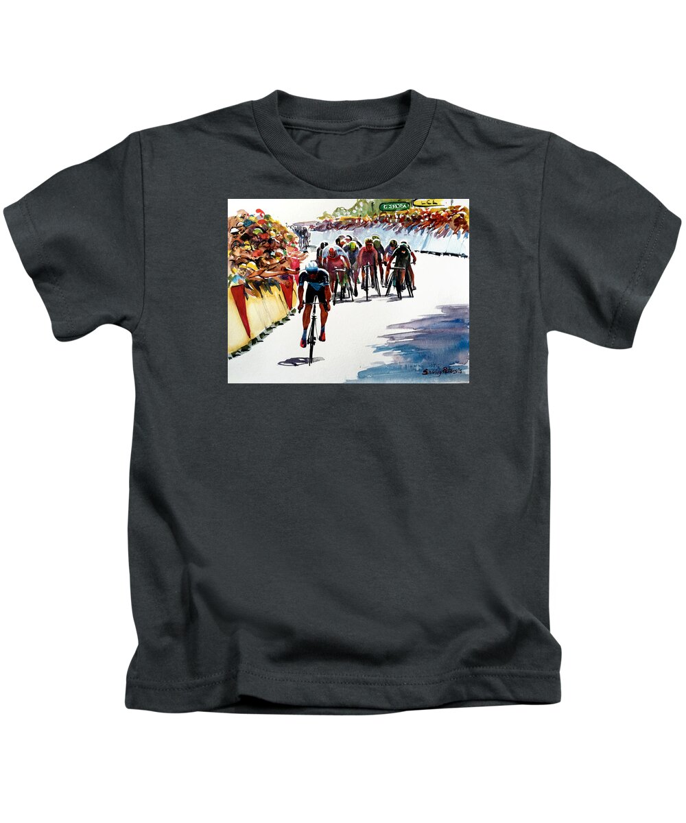 Cycling Kids T-Shirt featuring the painting Final Dash on Stage 6 - lge by Shirley Peters