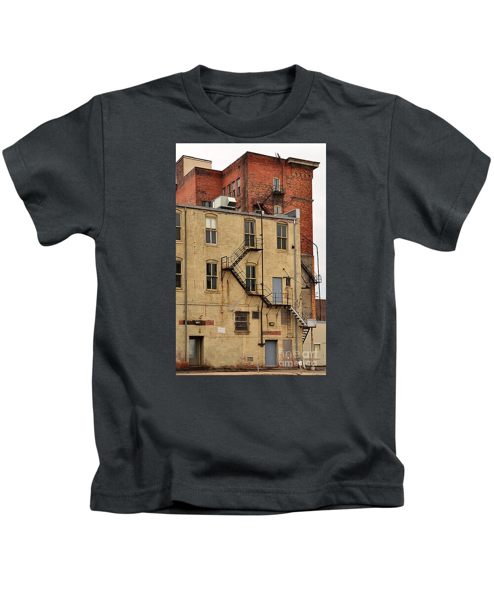 Fire Escape Stairs Building City Street Kids T-Shirt featuring the photograph Fire Escape 1187 by Ken DePue