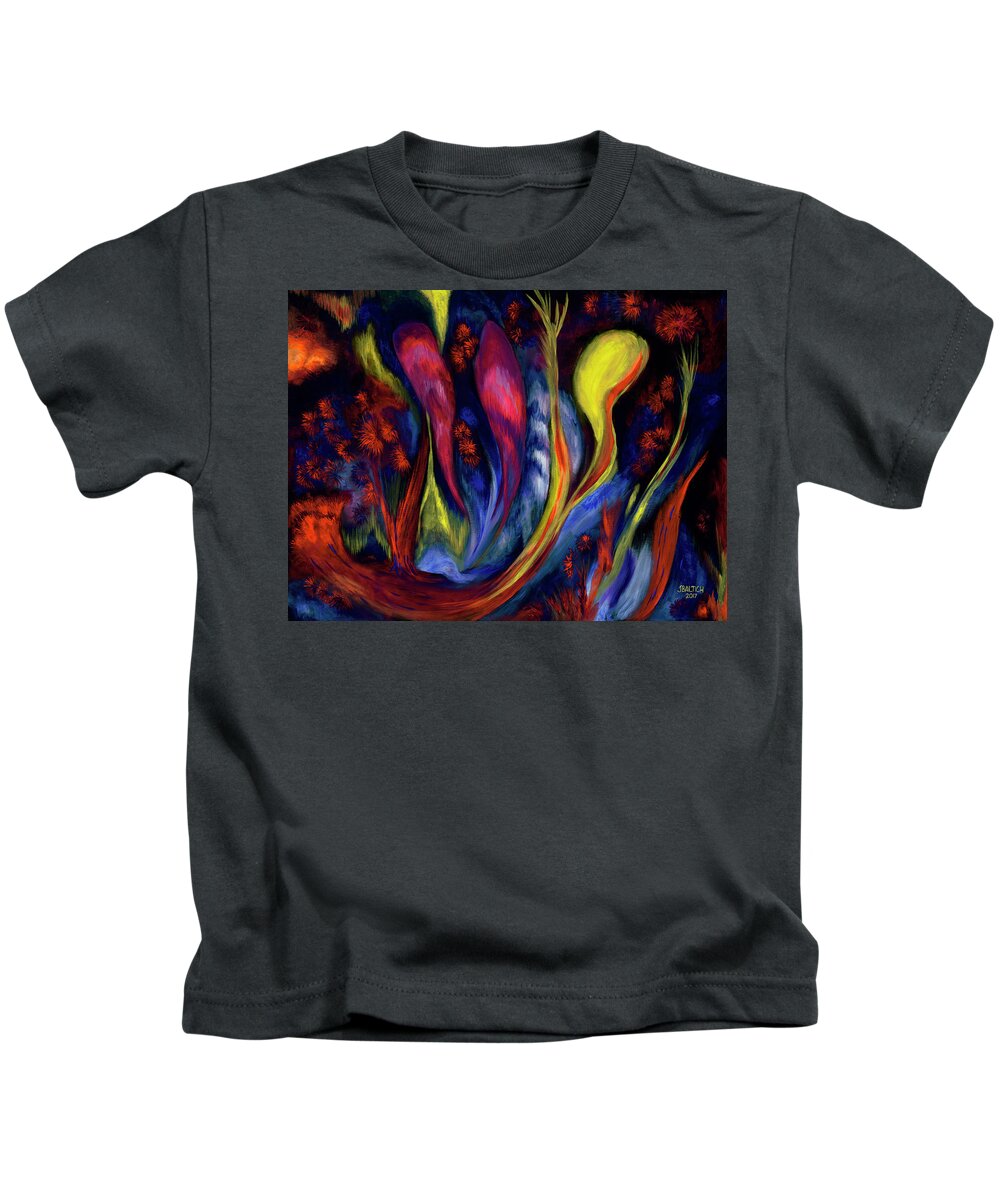 Abstract Art Kids T-Shirt featuring the painting Fire Flowers by Joe Baltich