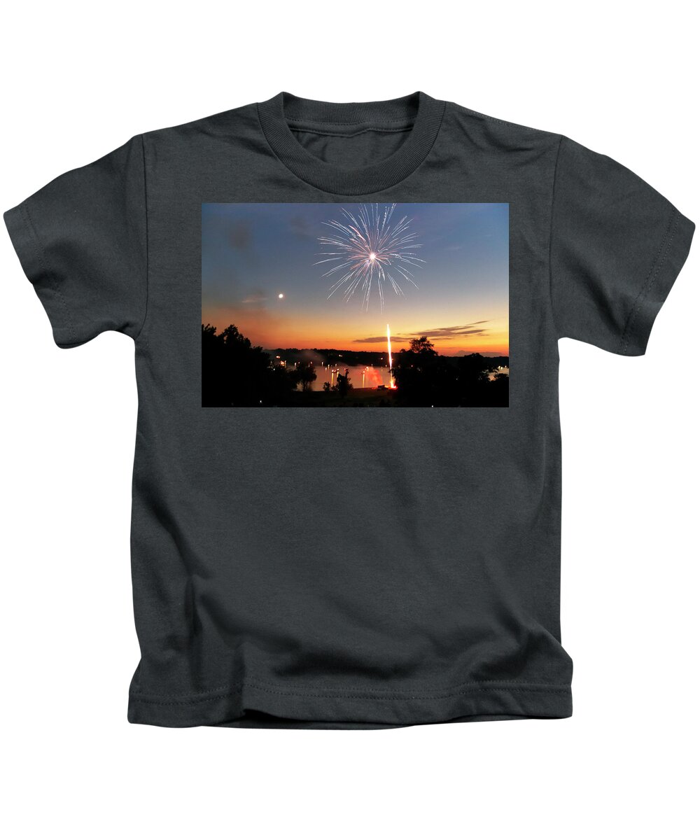 Fireworks Kids T-Shirt featuring the photograph Fireworks and Sunset by Amber Flowers