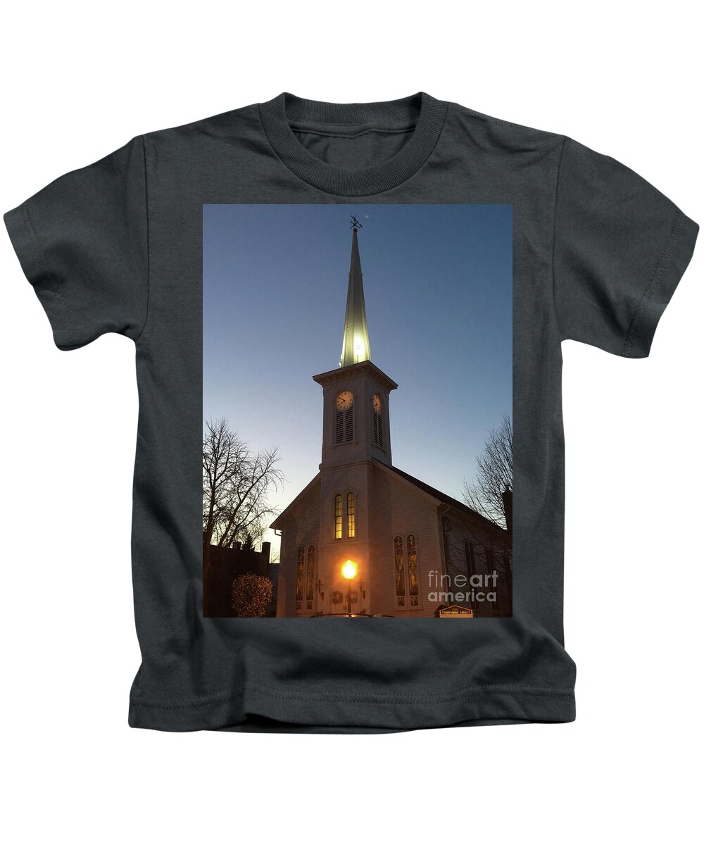 First Presbyterian Church Kids T-Shirt featuring the photograph First Presbyterian Churc Babylon N.Y after sunset by Steven Spak