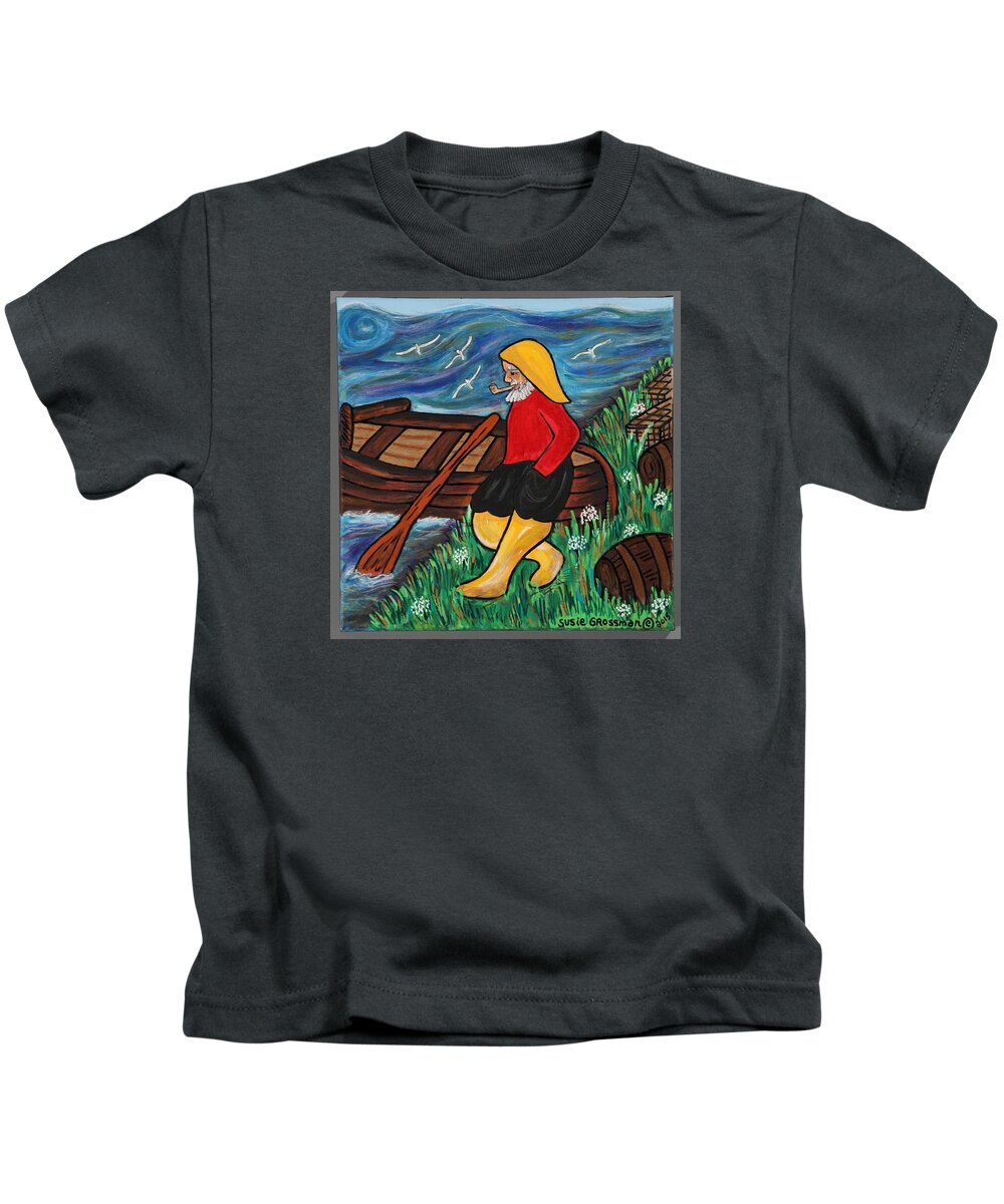 Fisherman Kids T-Shirt featuring the painting Fisherman Waiting For Fishing Net Repair by Susie Grossman