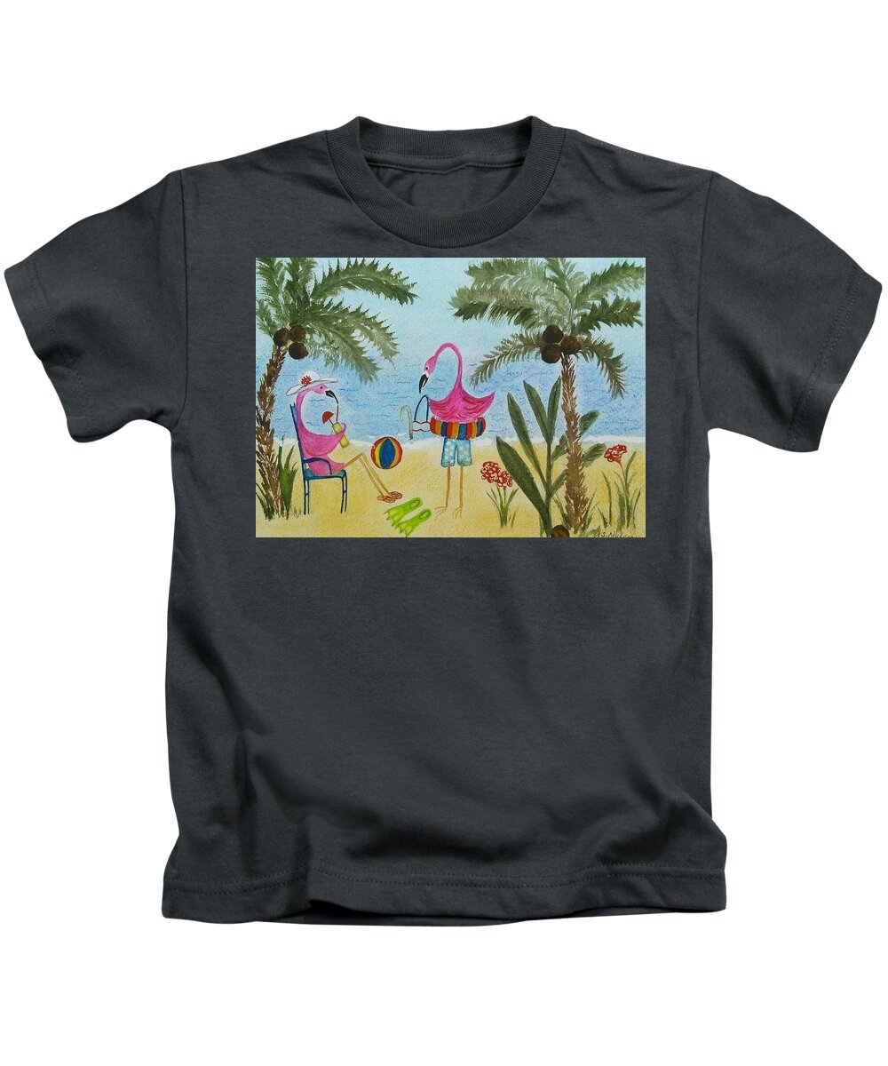 Flamingos Kids T-Shirt featuring the painting Flamingos at the beach by Susan Nielsen
