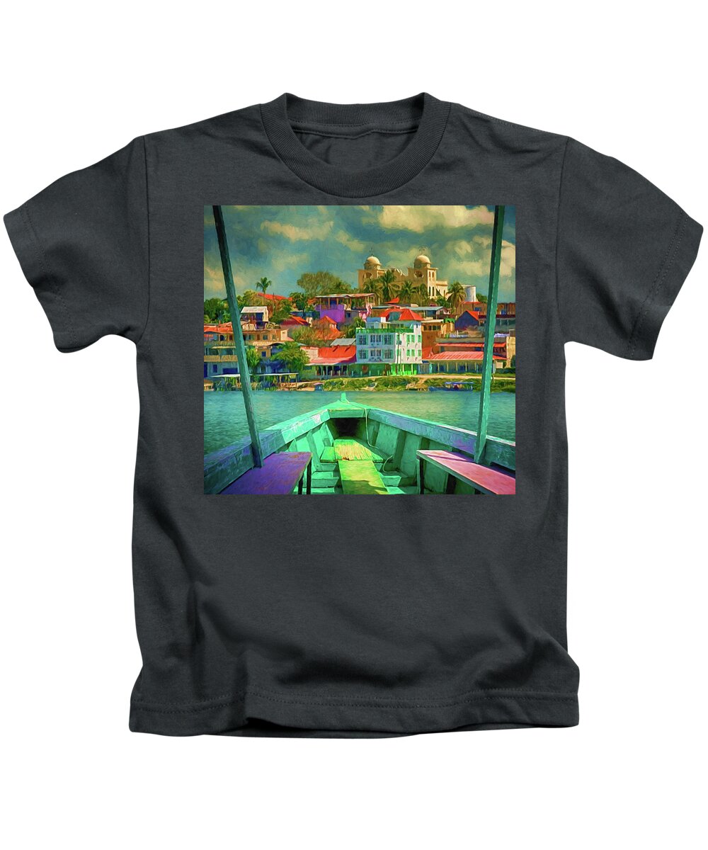 Flores Kids T-Shirt featuring the photograph Flores, Guatemala, from a Boat on Lake Peten Itza by Mitch Spence