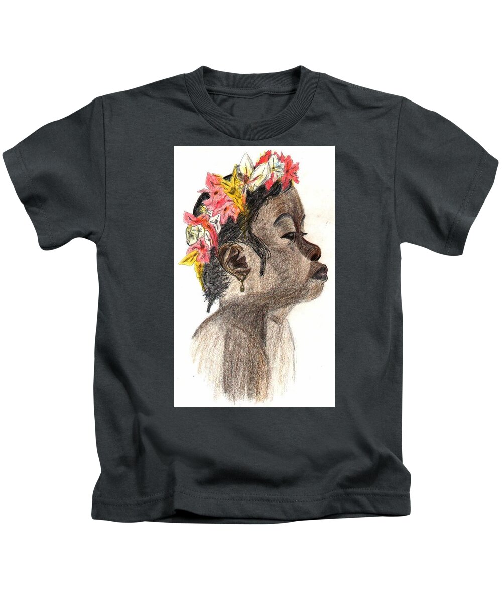 Portrait Kids T-Shirt featuring the drawing Flower Girl by Julia Woodman