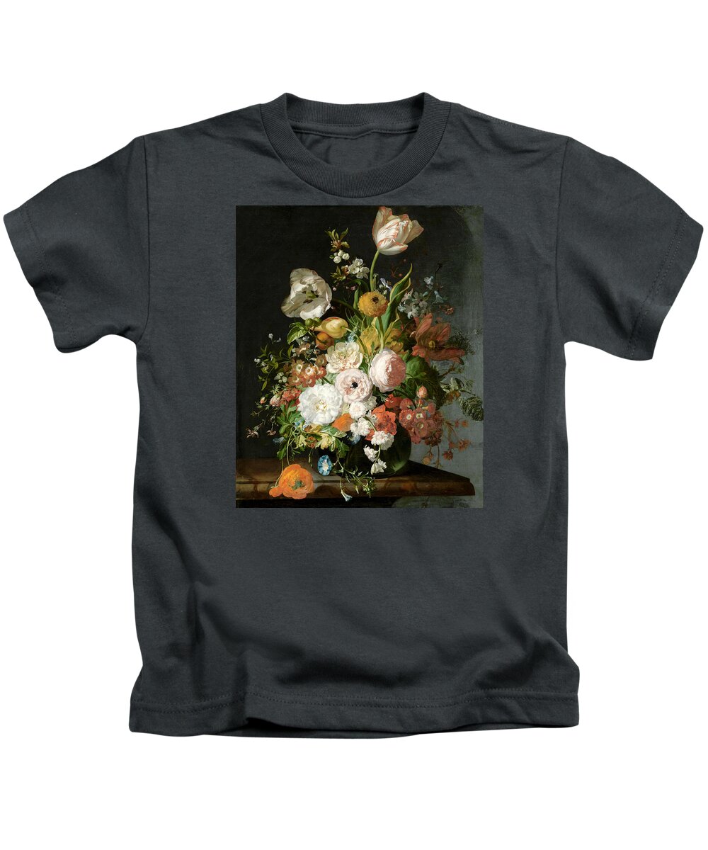 Still Life Kids T-Shirt featuring the painting Flowers in a Glass Vase by Rachel Ruysch