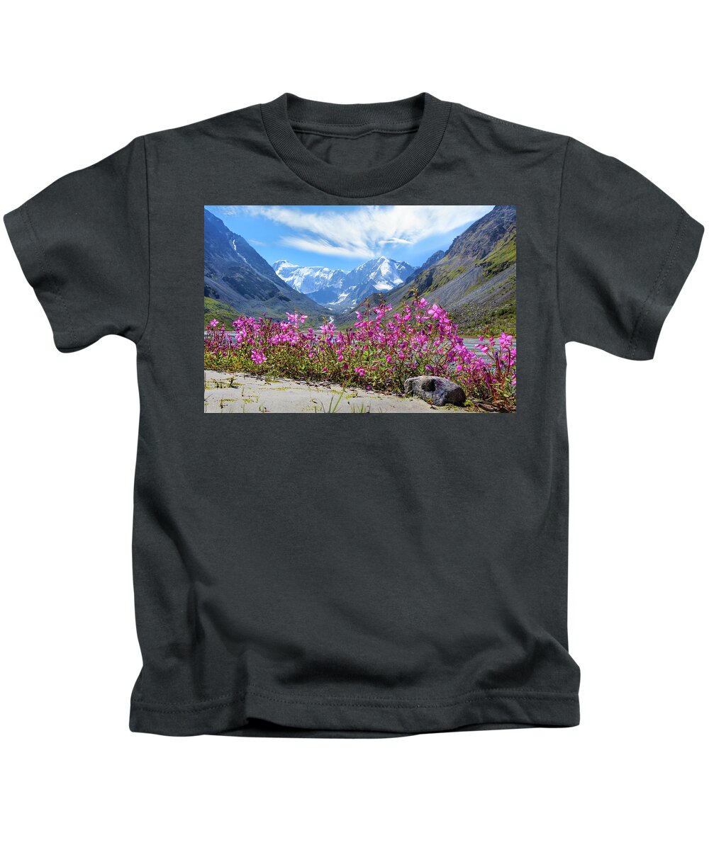 Russian Artists New Wave Kids T-Shirt featuring the photograph Flowers of the Mountains, Altai by Victor Kovchin