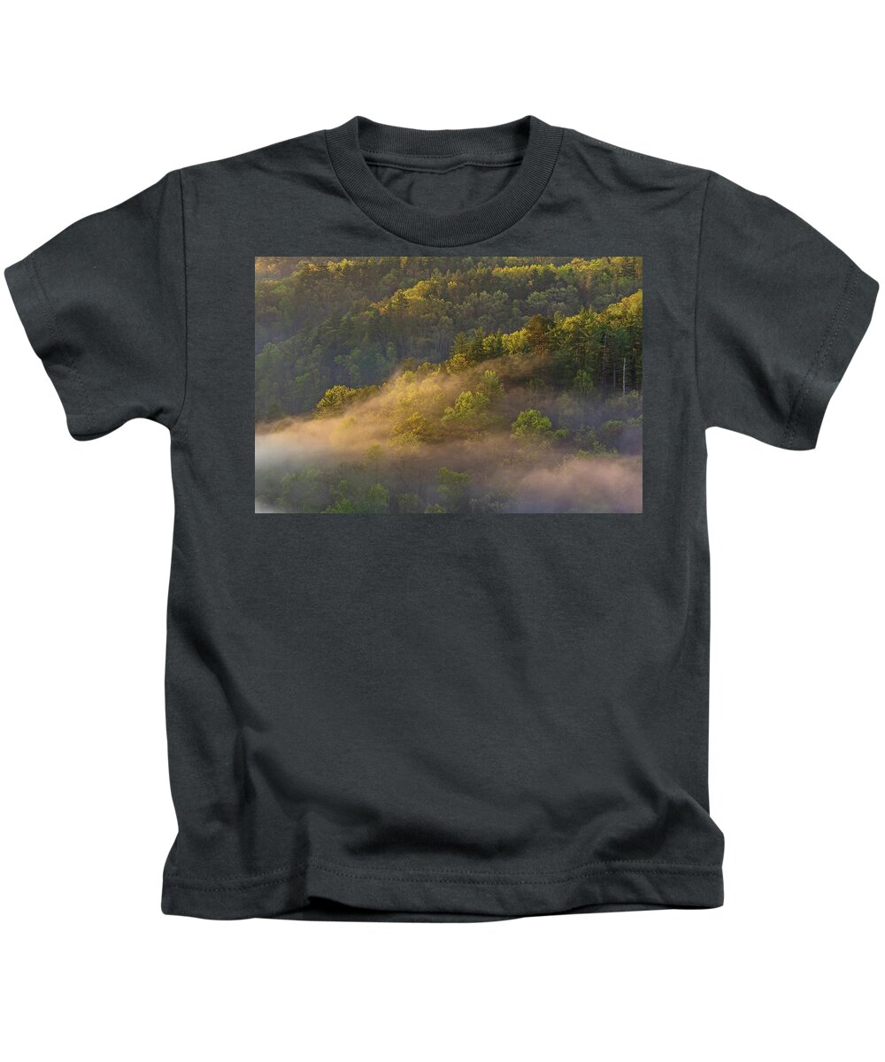 Mill Creek Lake Kids T-Shirt featuring the photograph Fog playing in the forest by Ulrich Burkhalter