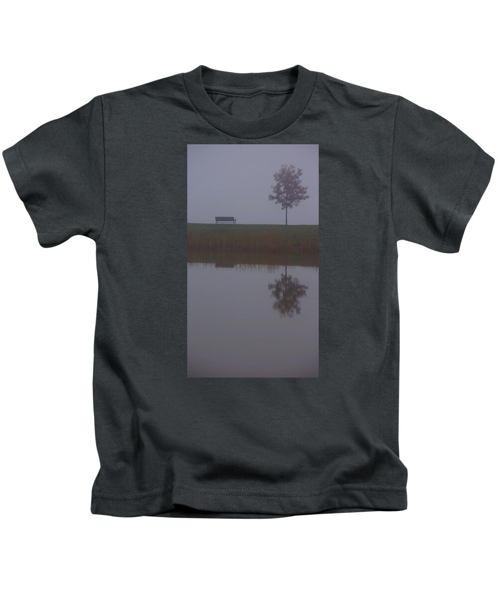 Bench Kids T-Shirt featuring the photograph Foggy Reflection by Brooke Bowdren