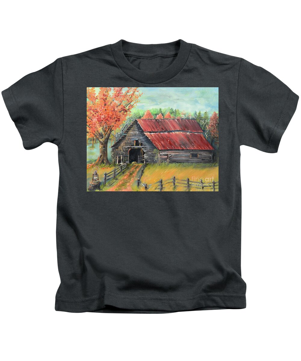 Barn Kids T-Shirt featuring the painting Follow the Lantern - Early Morning Barn- Anne's Barn by Jan Dappen