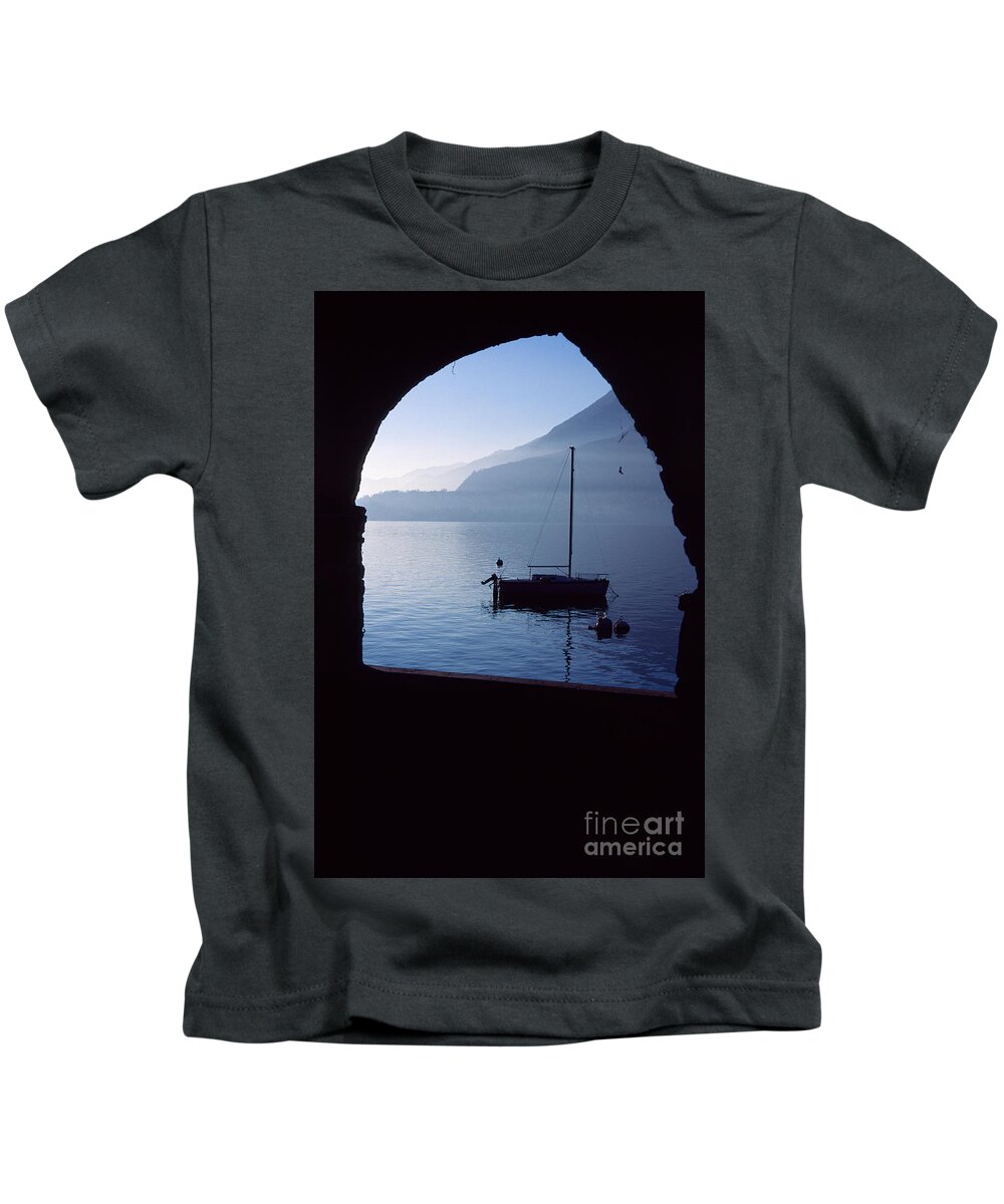 Varenna Kids T-Shirt featuring the photograph Framed blue lake by Riccardo Mottola