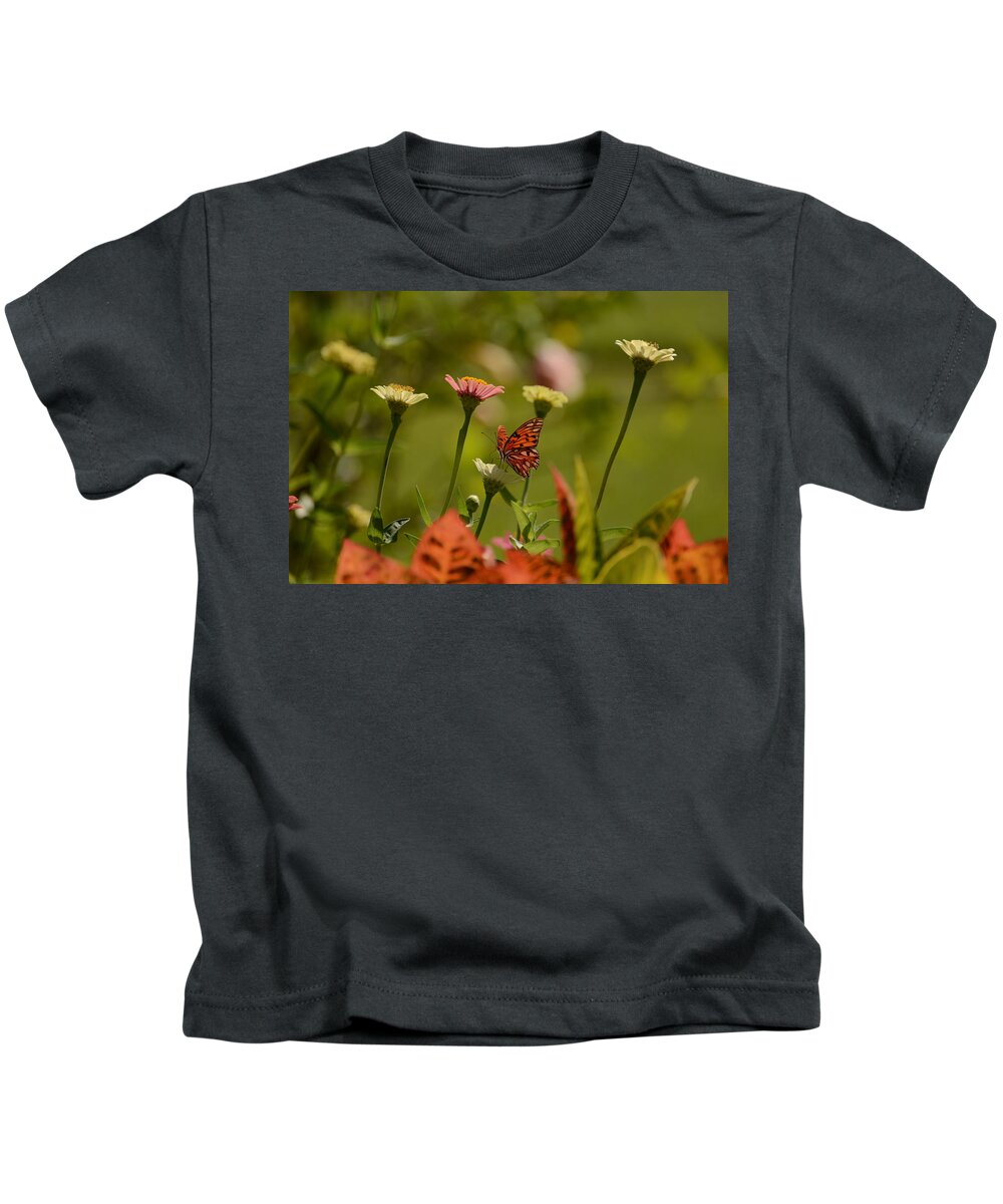 Zinnia Kids T-Shirt featuring the photograph Garden visitor by Zina Stromberg