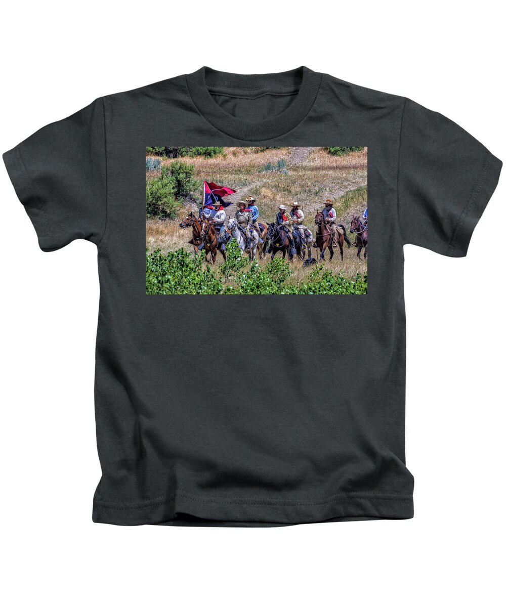 Little Bighorn Re-enactment Kids T-Shirt featuring the photograph General Custer and his Entourage by Donald Pash