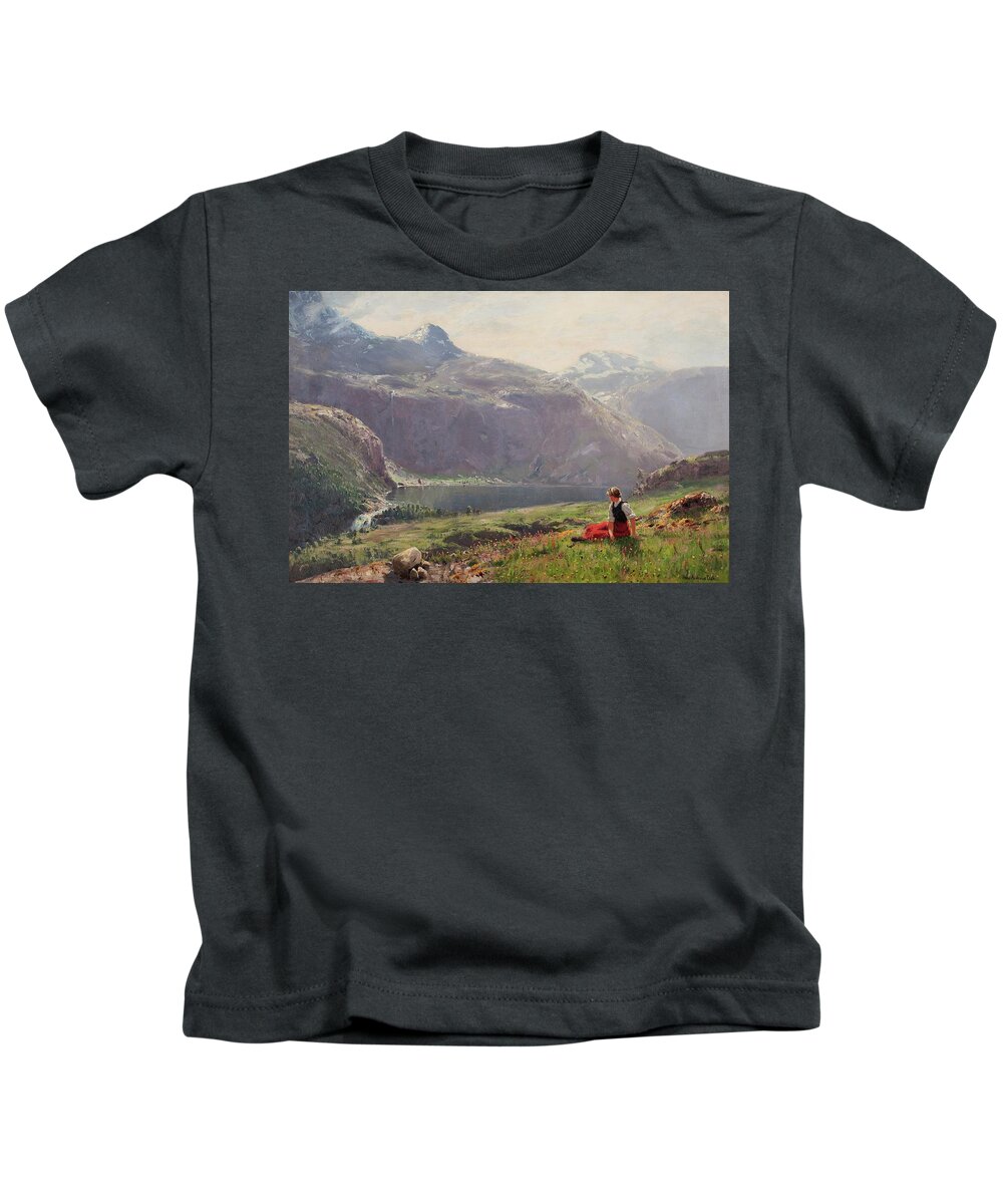 Hans Andreas Dahl Kids T-Shirt featuring the painting Girl in the fjords by Hans Andreas Dahl