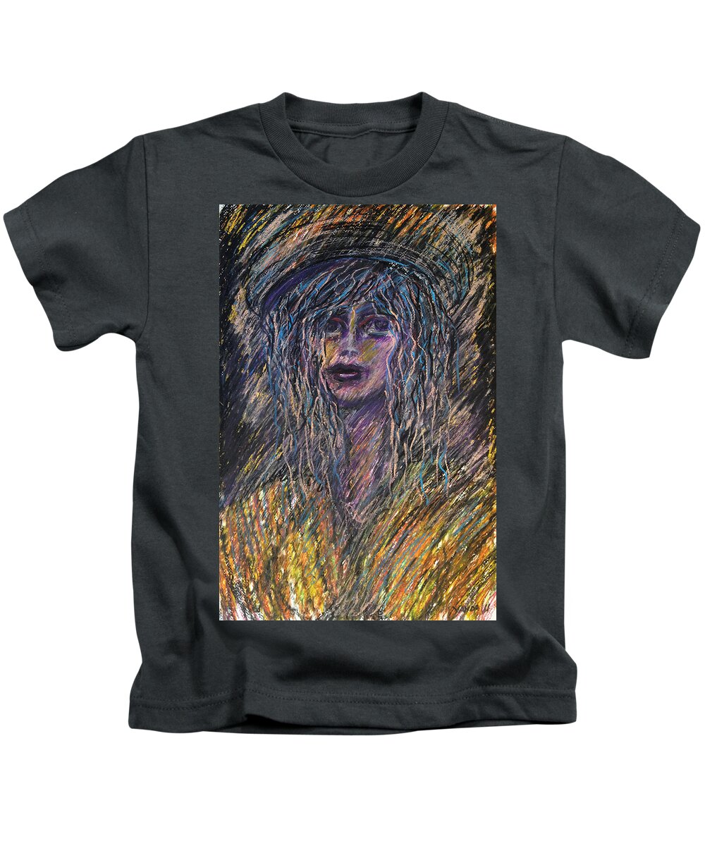 Original Art Pastel Chalk Drawing Long Hair Girl Hat Kids T-Shirt featuring the pastel Girl with Hat by Katt Yanda
