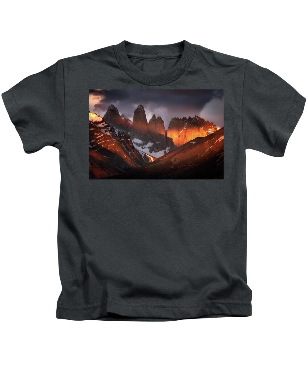 Paine Massif Kids T-Shirt featuring the photograph Glowing Towers by Nicki Frates
