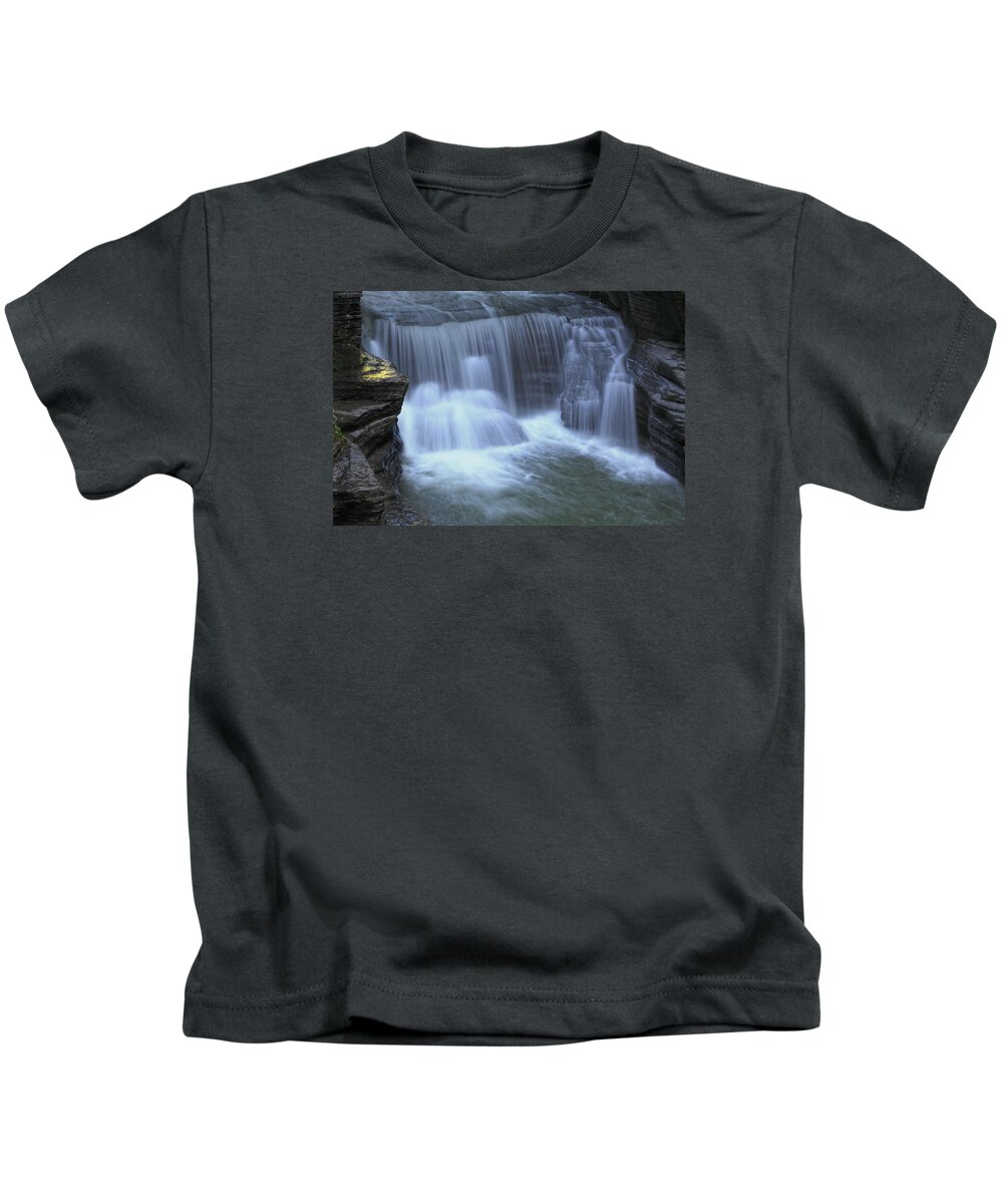 Waterfall Water Stream River Falls Fall Golden Kids T-Shirt featuring the photograph Golden ledge by Robert Och