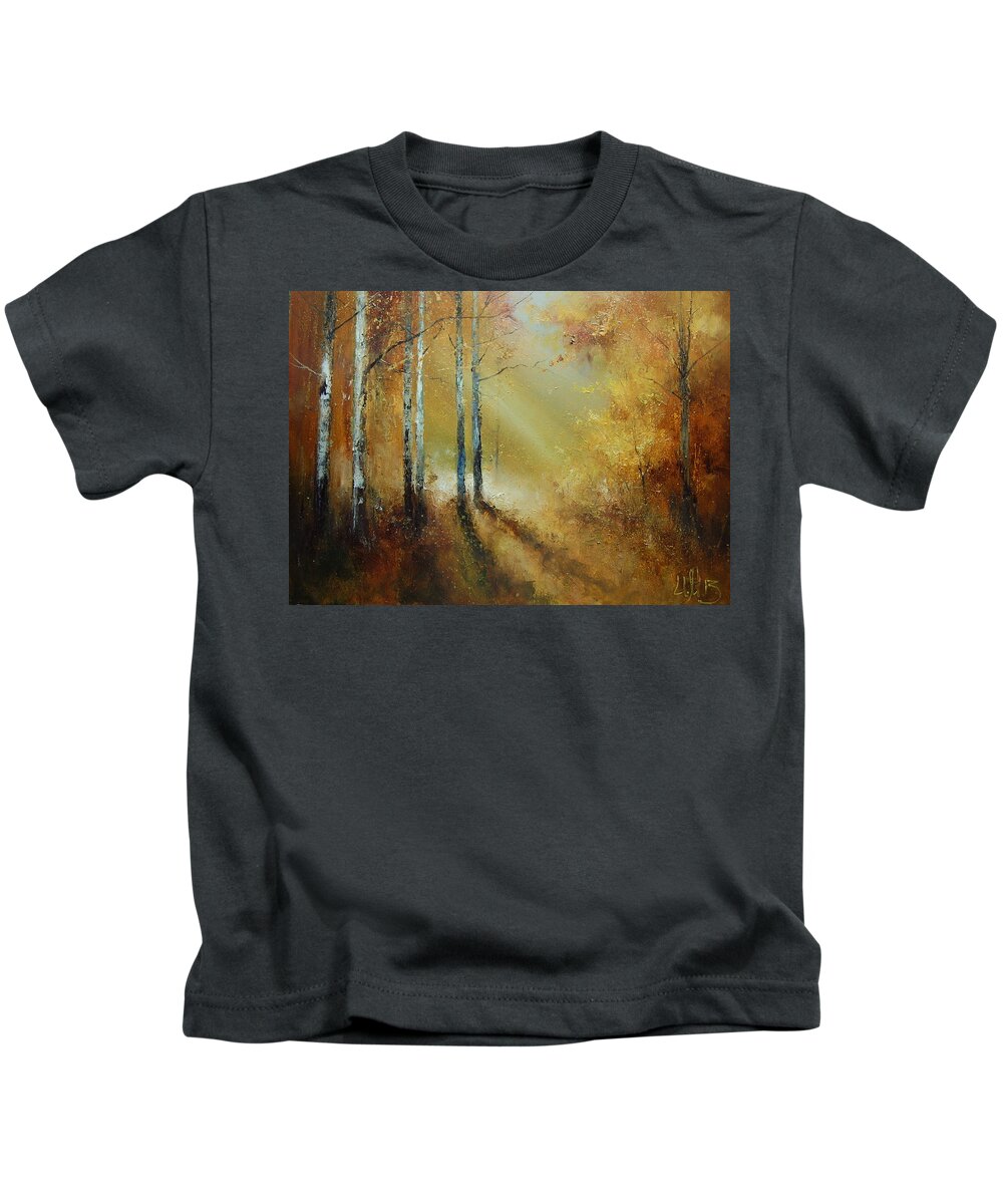 Russian Artists New Wave Kids T-Shirt featuring the painting Golden Light in Autumn Woods by Igor Medvedev