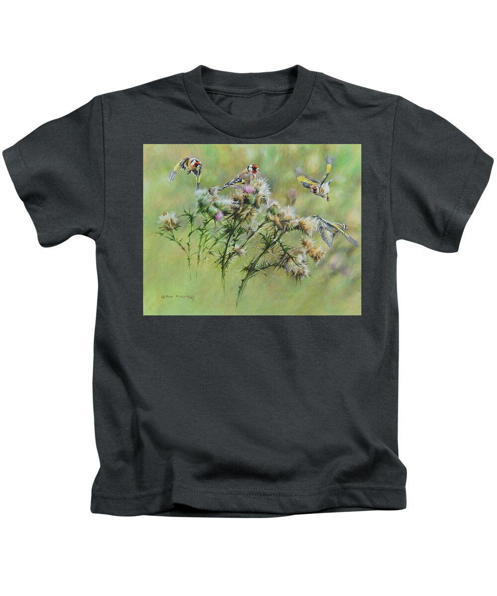Wildlife Paintings Kids T-Shirt featuring the painting Goldfinches on Thistle by Alan M Hunt