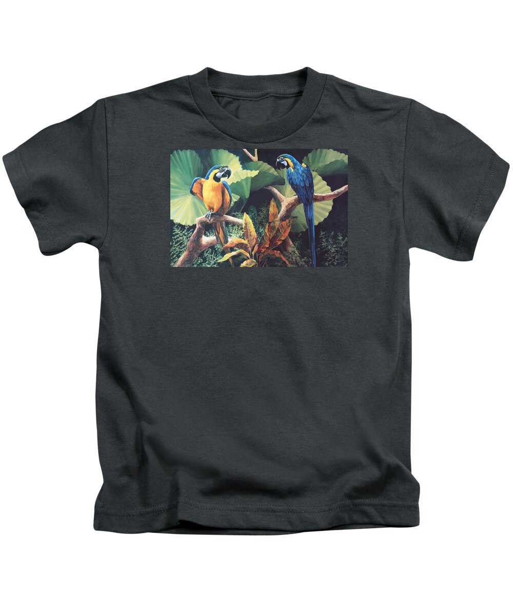 Macaw Kids T-Shirt featuring the painting Gossips by Laurie Snow Hein