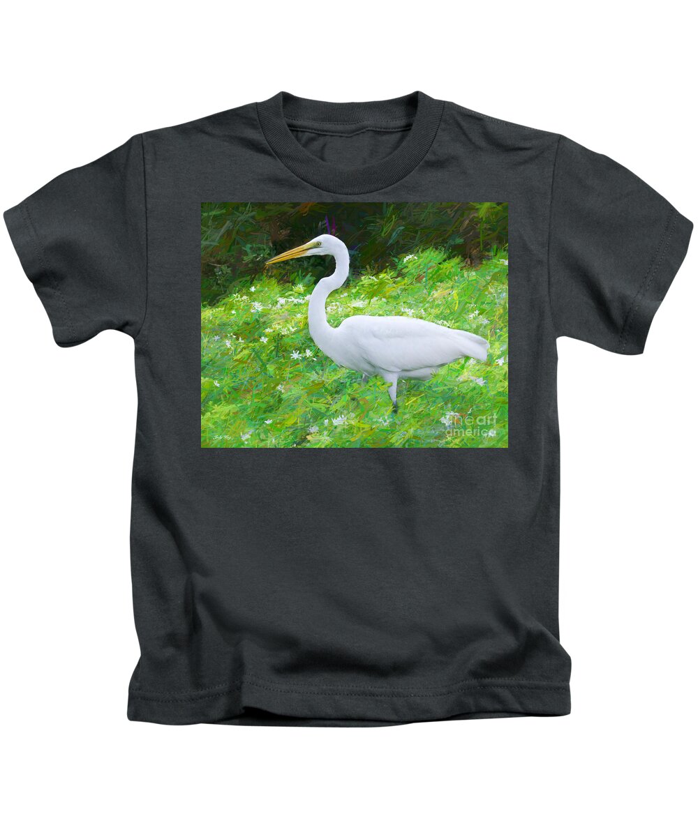 Egrets Kids T-Shirt featuring the painting Grace in Nature by Judy Kay