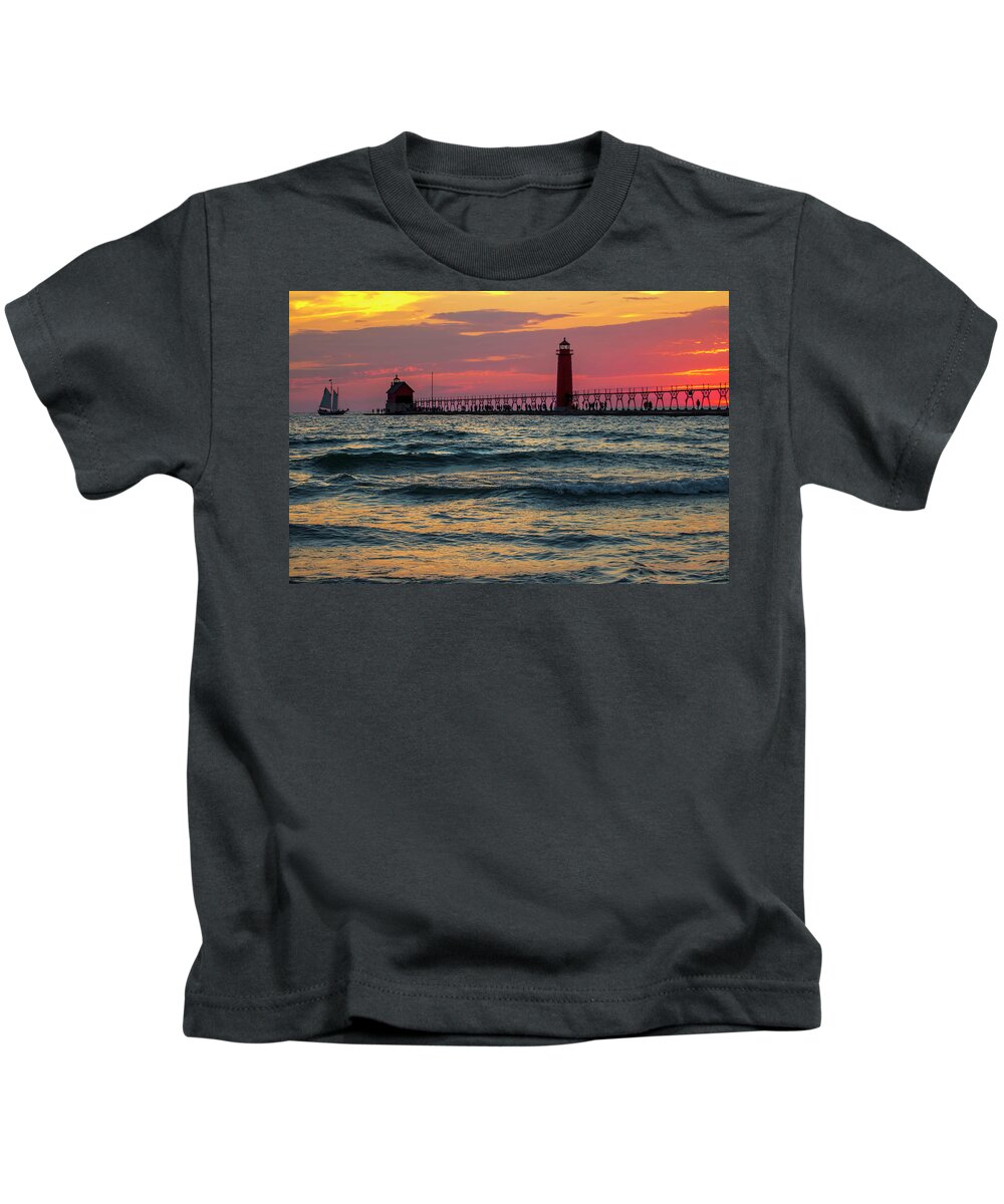 Pier Kids T-Shirt featuring the photograph Grand Haven Pier Sail by Pat Cook
