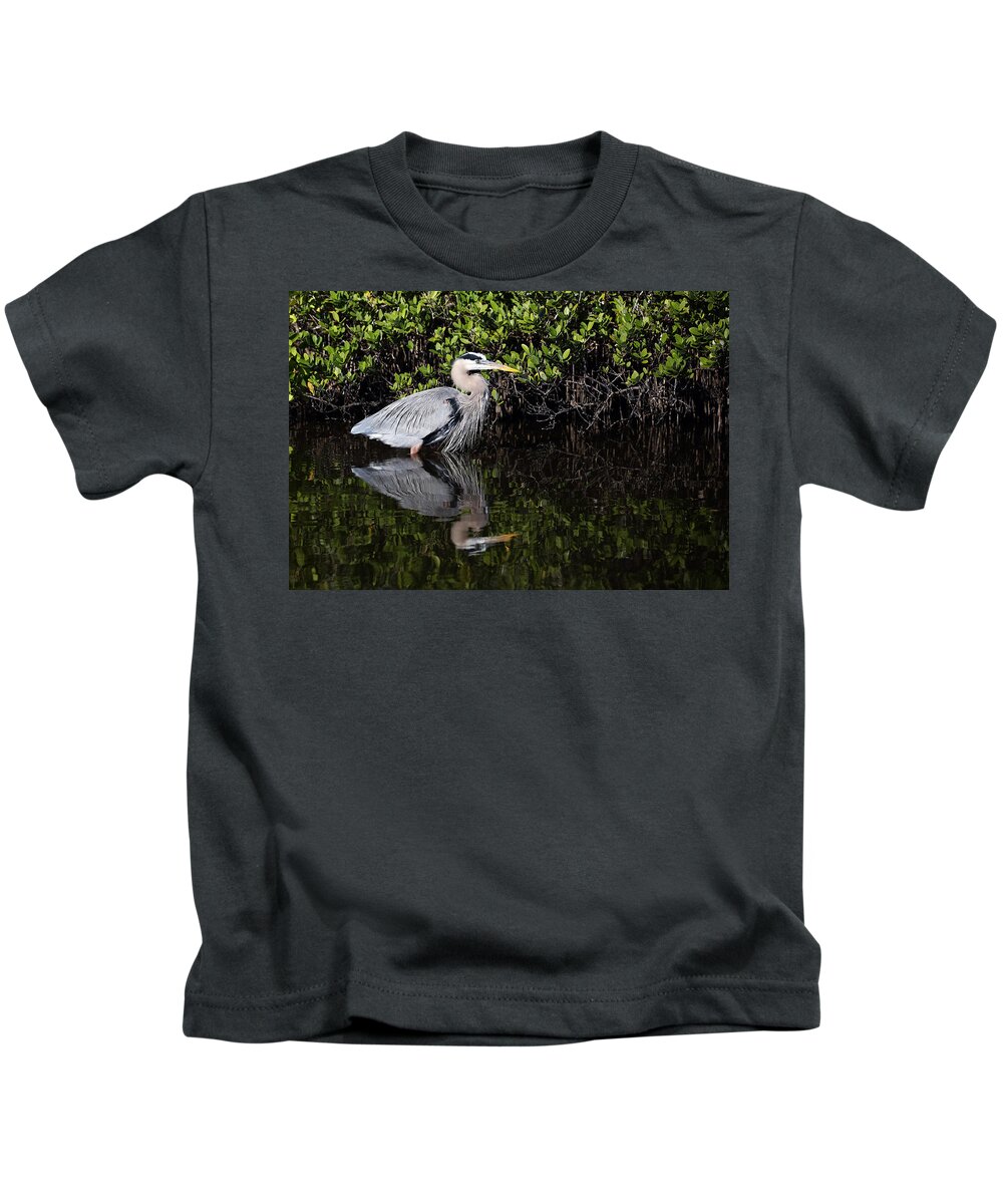 Ardea Hernia Kids T-Shirt featuring the photograph Great Blue Heron with Reflection by Jean Clark