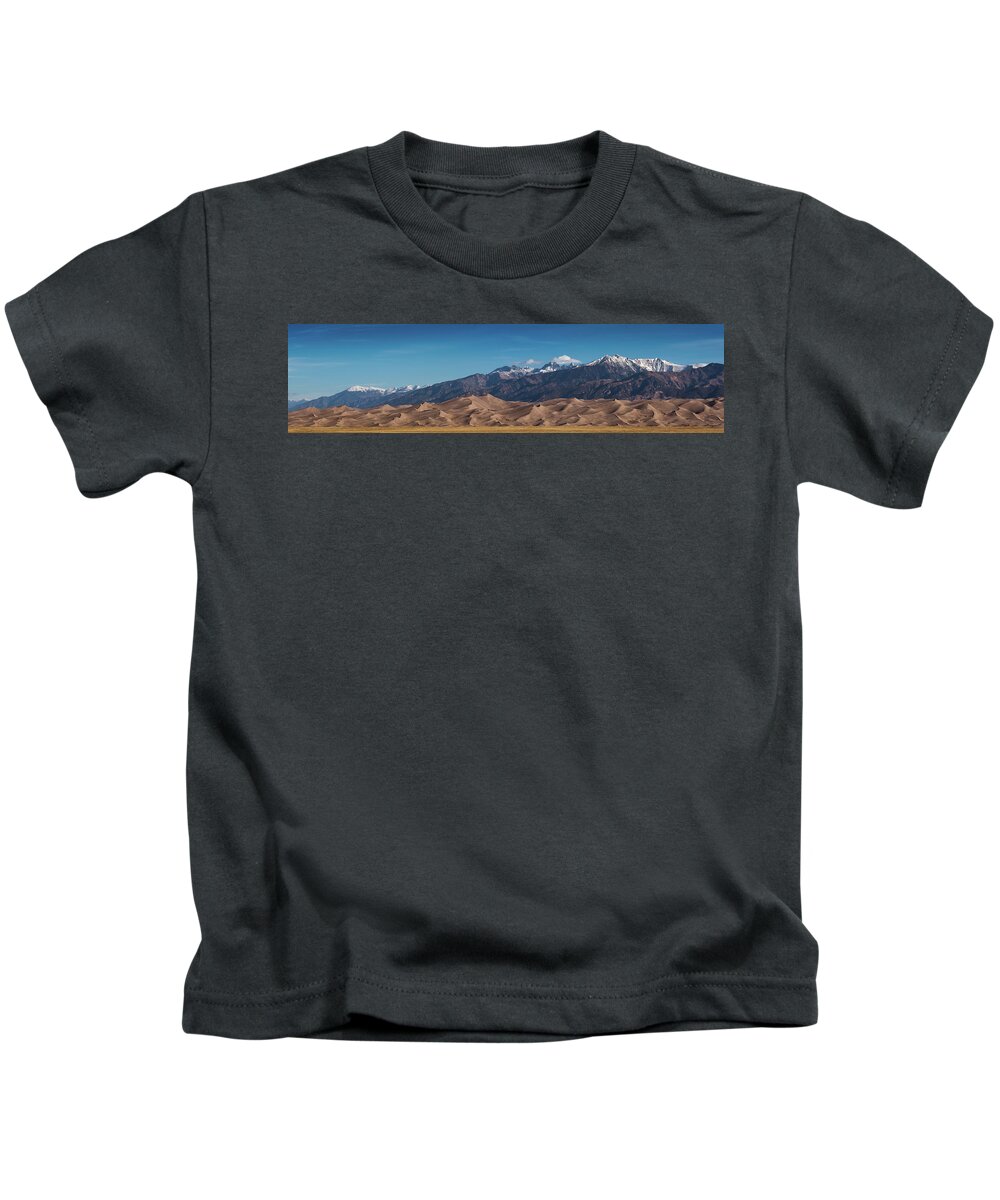 Great Sand Dunes Kids T-Shirt featuring the photograph Great Sand Dunes Panorama 4to1 by Stephen Holst