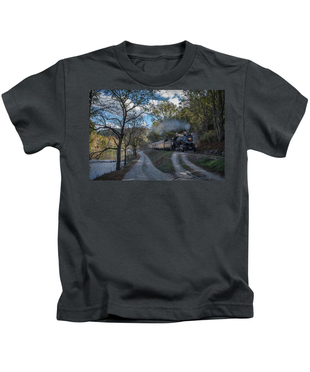 Great Smoky Mountains Railway Kids T-Shirt featuring the photograph Great Smoky Mountains steam engine 1702 at Whittier NC by Jim Pearson