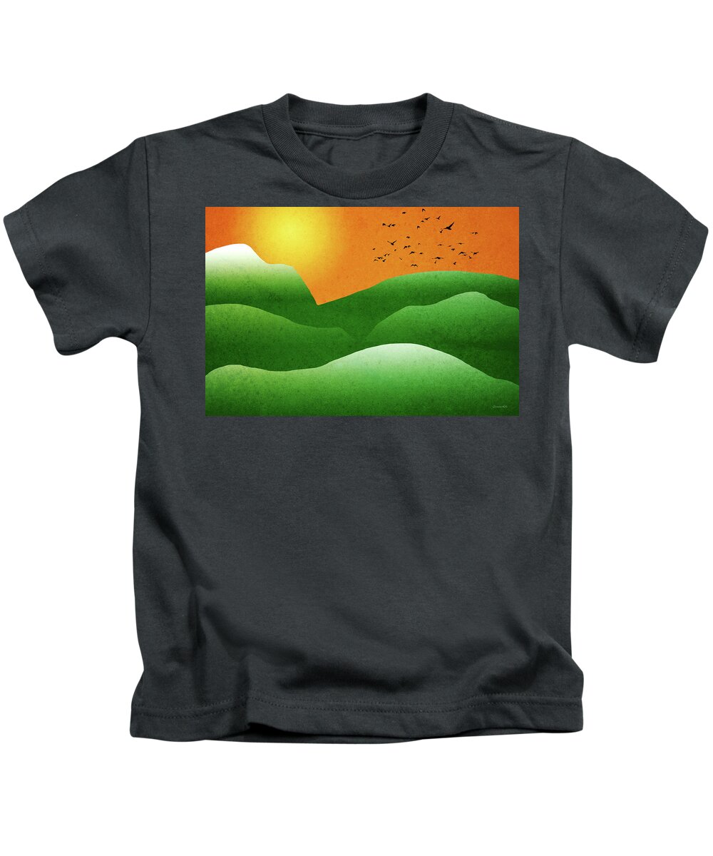 Mountain Kids T-Shirt featuring the mixed media Green Mountain Sunrise Landscape Art by Christina Rollo