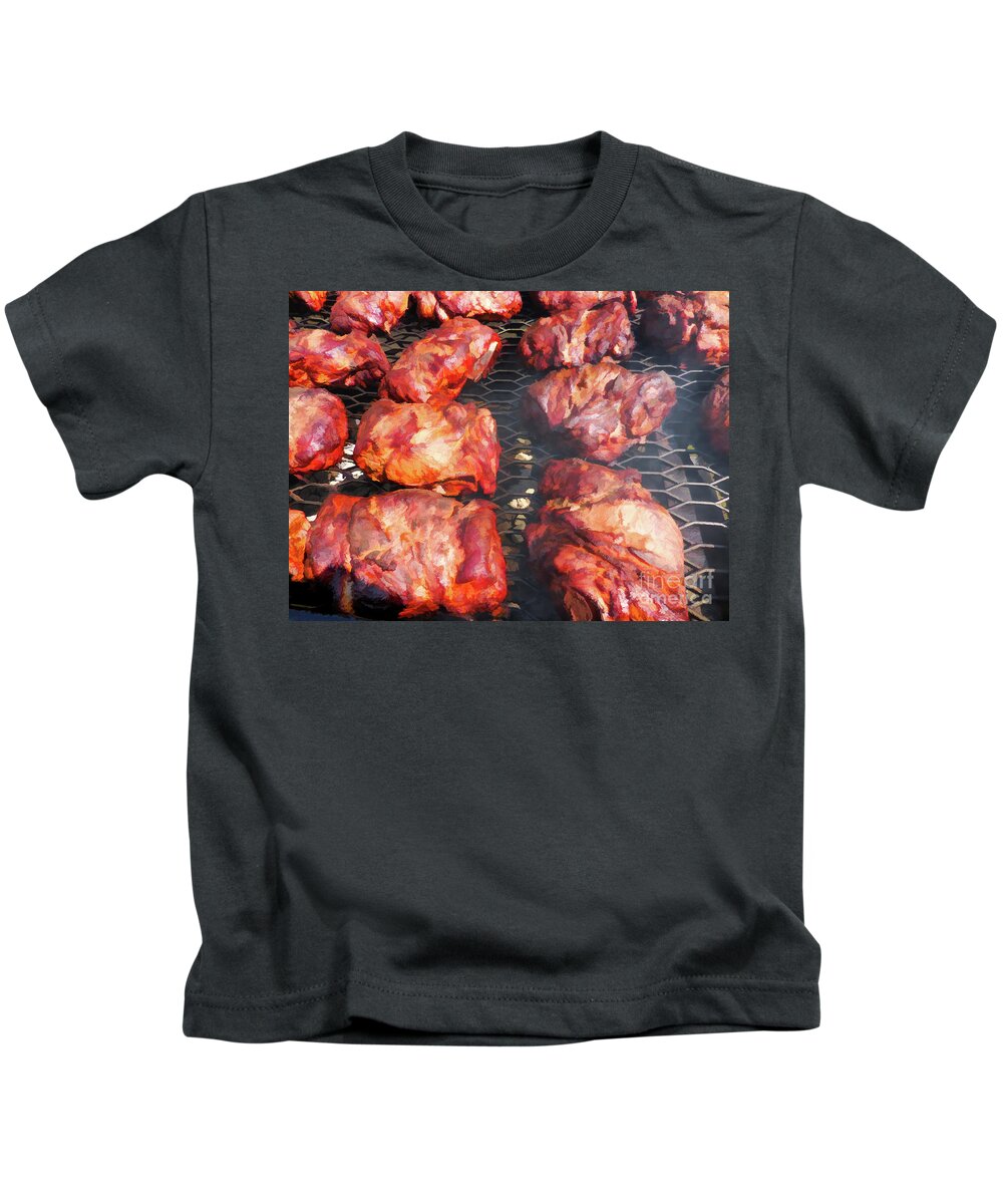 Grilled Pork On The Grill Kids T-Shirt featuring the painting Grilled pork on the grill 2 by Jeelan Clark