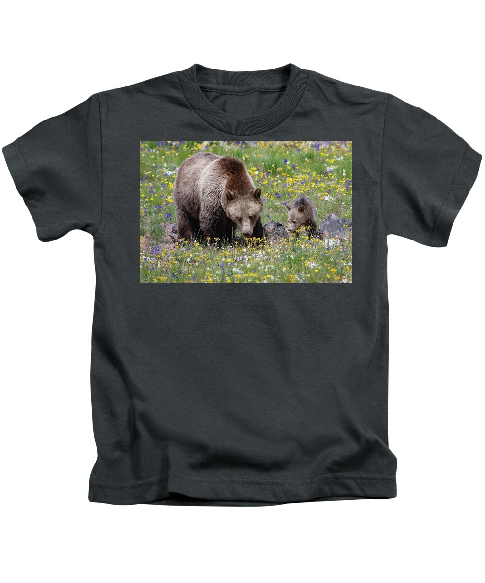 Mark Miller Photos Kids T-Shirt featuring the photograph Grizzly Sow and Cub in Summer Flowers by Mark Miller