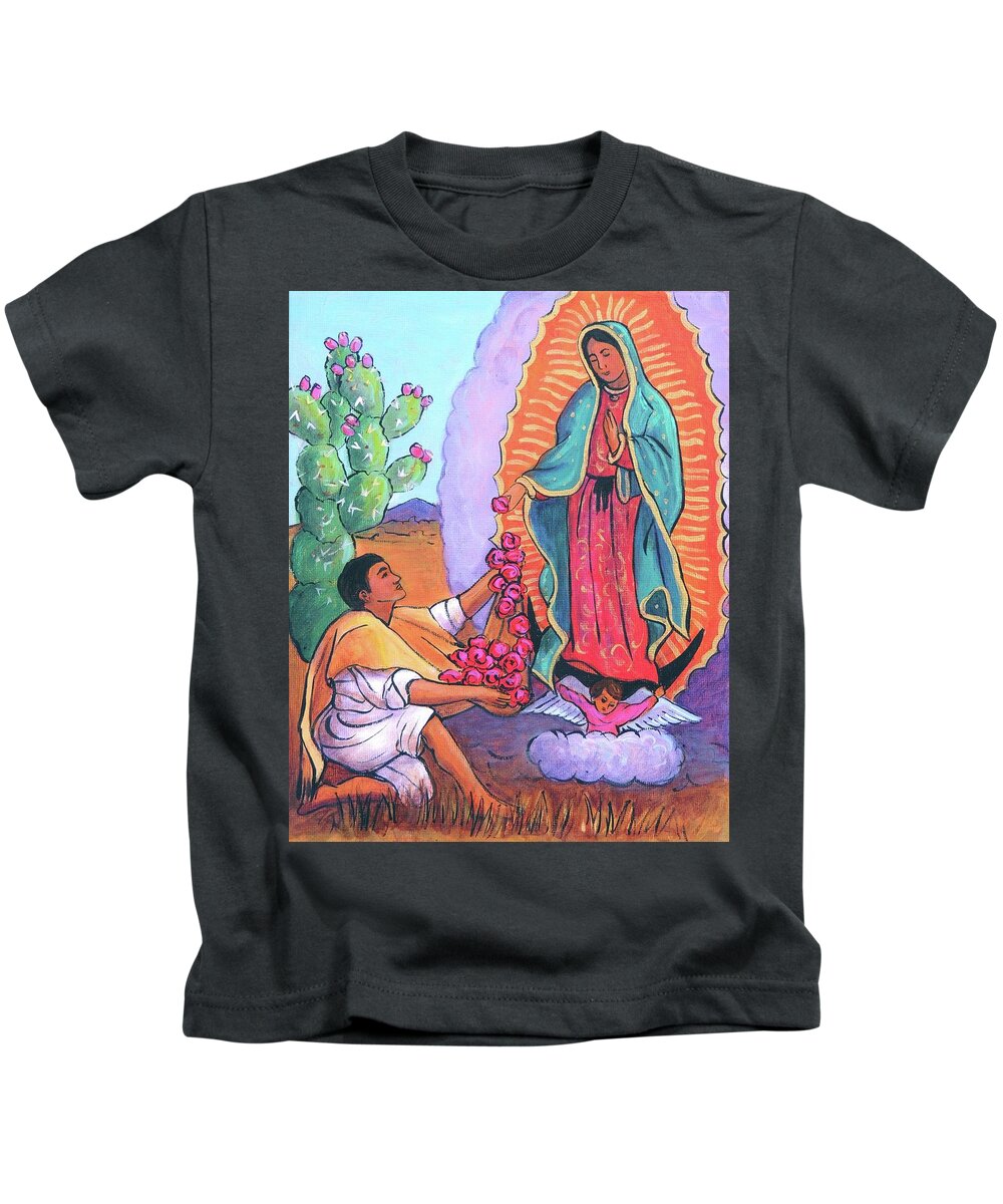Guadalupe Kids T-Shirt featuring the painting Guadalupe and Juan Diego by Candy Mayer