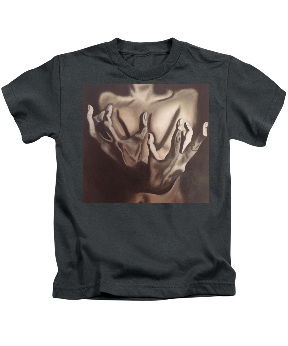 Charcoal Black And White Lady Kids T-Shirt featuring the drawing Hands by Alexius Brown