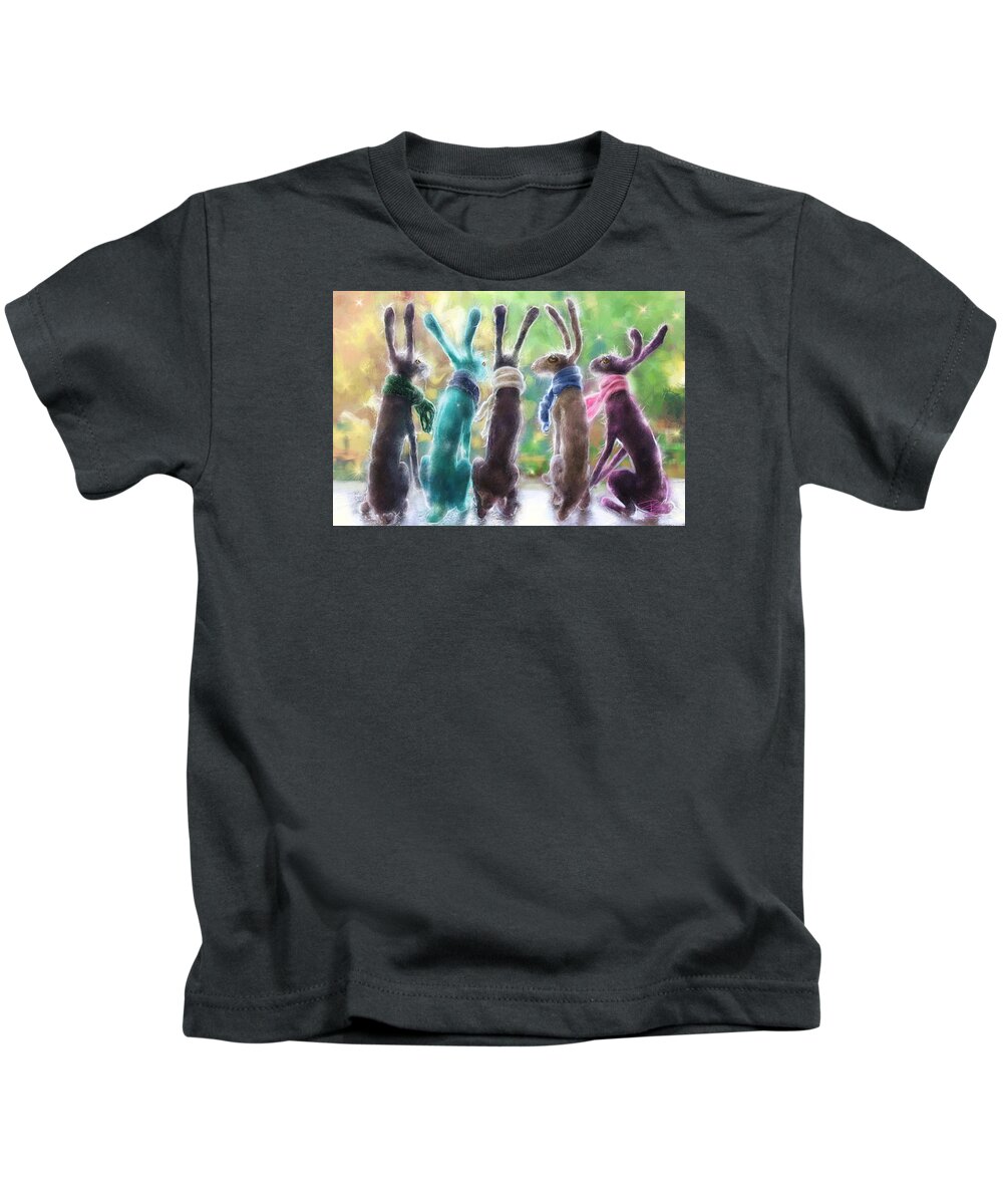 Needlefelted Kids T-Shirt featuring the digital art Hares with scarves by Debra Baldwin
