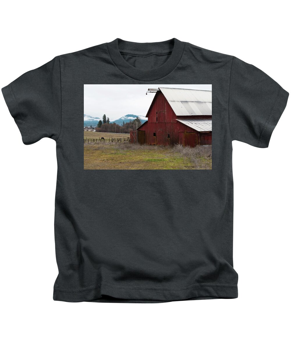 Hayfork Kids T-Shirt featuring the photograph Hayfork Red Barn by Lorraine Devon Wilke