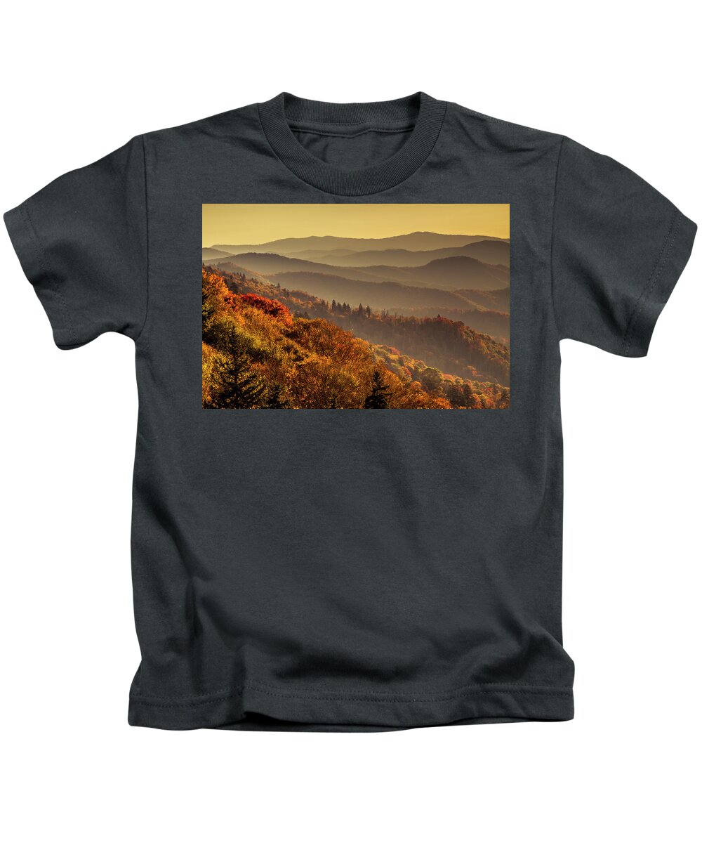 Clingmans Dome Kids T-Shirt featuring the photograph Hazy Sunny Layers in the Smoky Mountains by Teri Virbickis