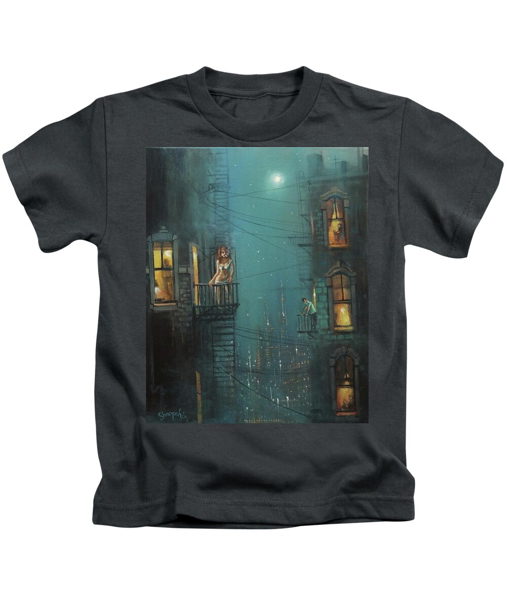 Night City Kids T-Shirt featuring the painting Heat Wave by Tom Shropshire