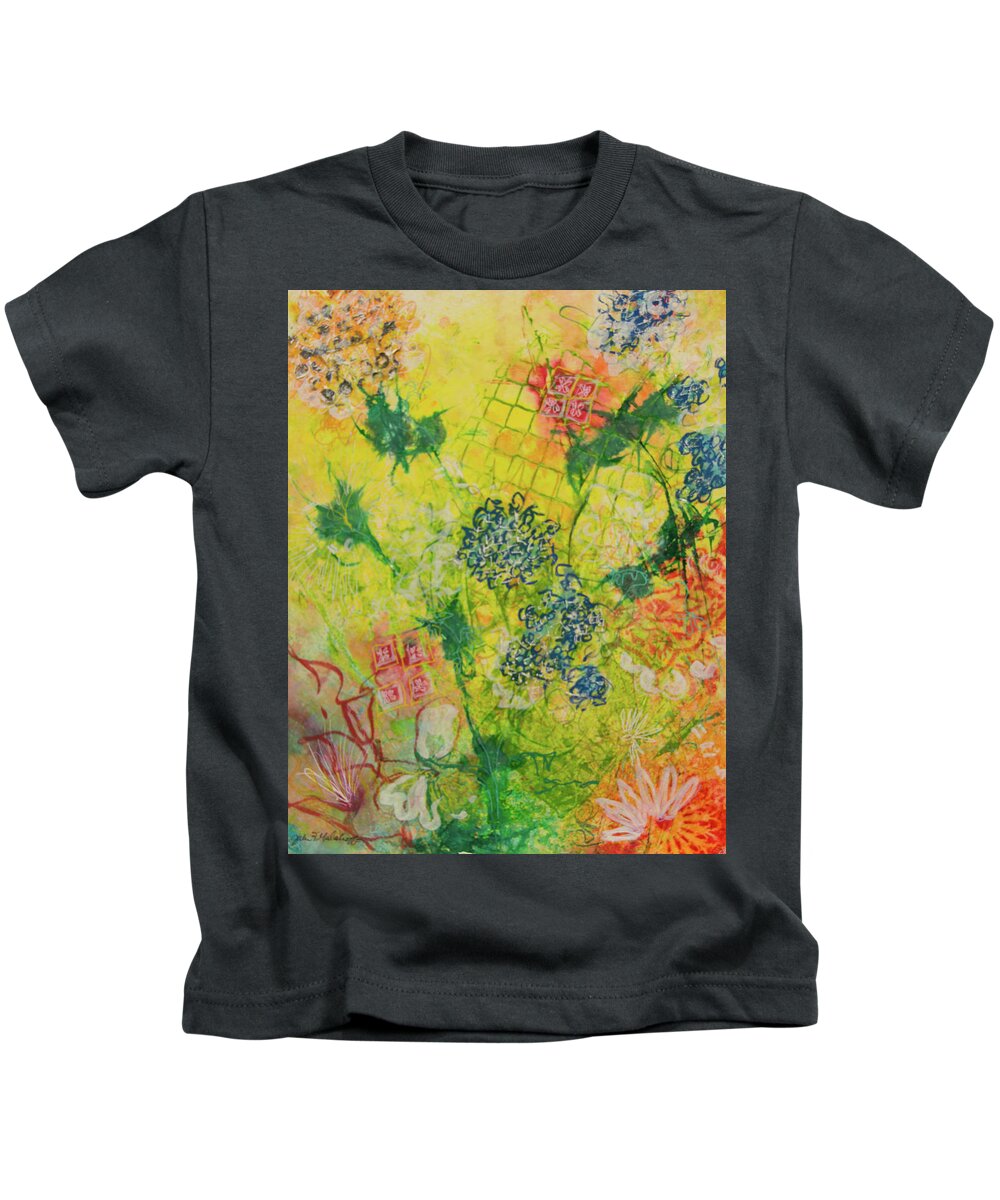 Mixed Media Kids T-Shirt featuring the mixed media Hello Yellow by Julia Malakoff