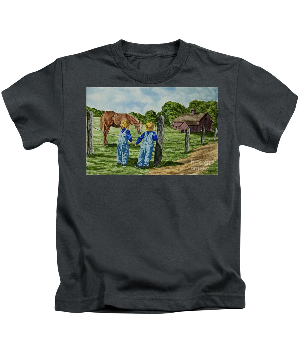 Country Kids Art Kids T-Shirt featuring the painting Here Horsey Horsey by Charlotte Blanchard