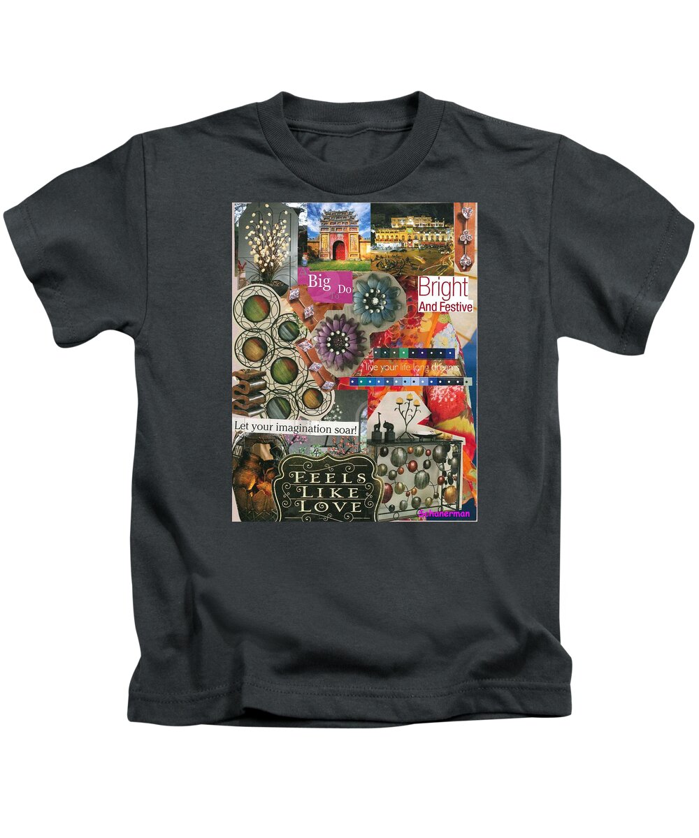 Collage Art Kids T-Shirt featuring the mixed media Here There and Everywhere by Susan Schanerman