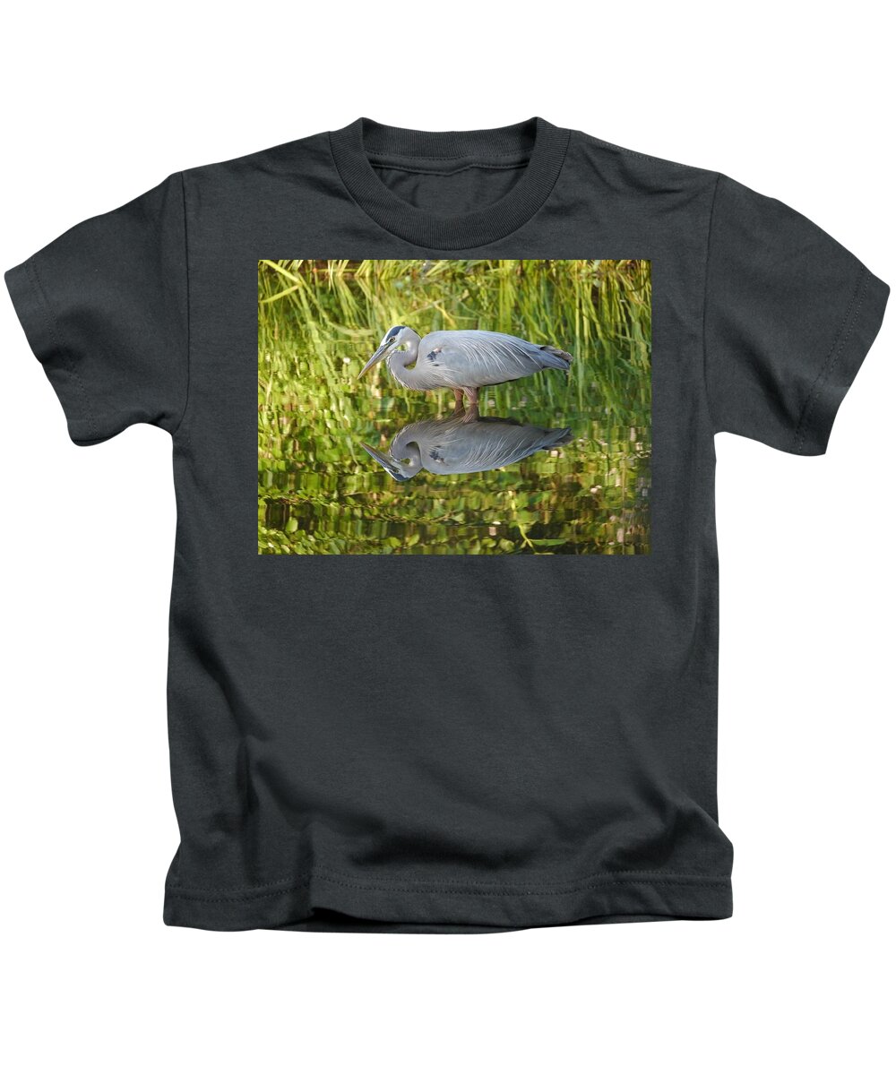 Jane Ford Kids T-Shirt featuring the photograph Heron's Reflection by Jane Ford