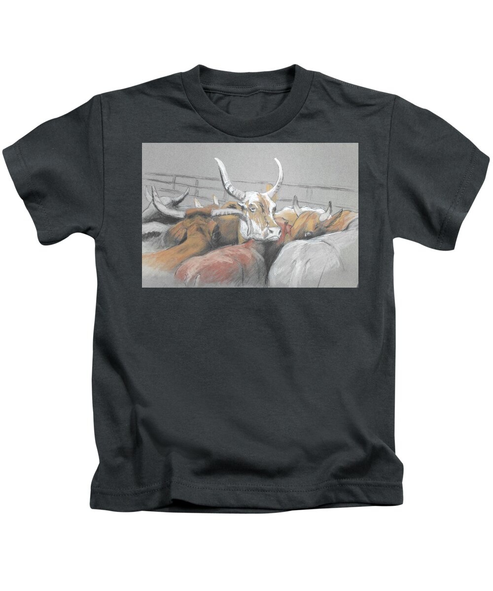 Artwork Kids T-Shirt featuring the drawing High Horns by Cynthia Westbrook