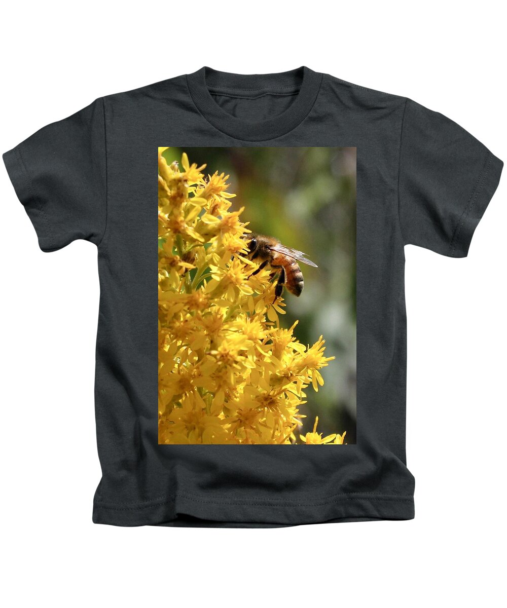 Nature Kids T-Shirt featuring the photograph Honeybee on Showy Goldenrod by Sarah Lilja