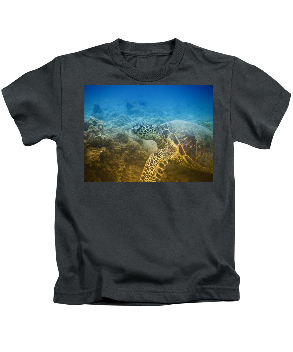Turtle Kids T-Shirt featuring the photograph Honu Cruisin Hawaiian Sea Turtle Photobomb Selfie by Lawrence Knutsson