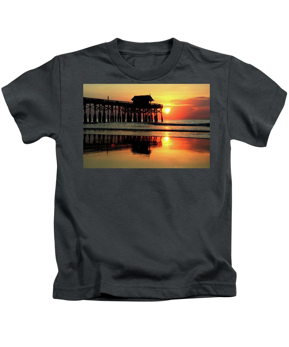 Cocoa Beach Pier Kids T-Shirt featuring the photograph Hot Sunrise Over Cocoa Beach Pier by Carol Montoya