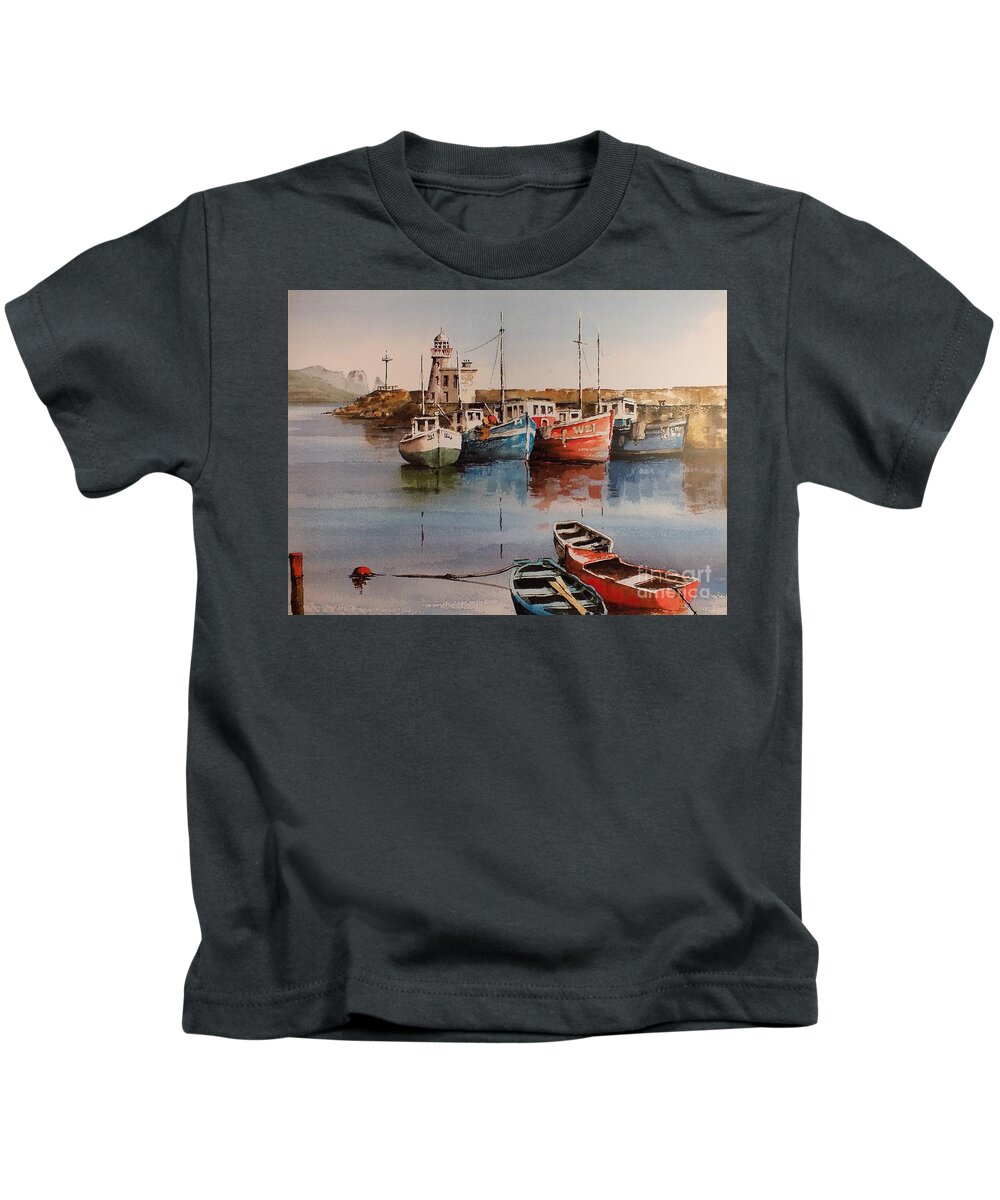  Kids T-Shirt featuring the painting Howth Harbour Dublin by Val Byrne