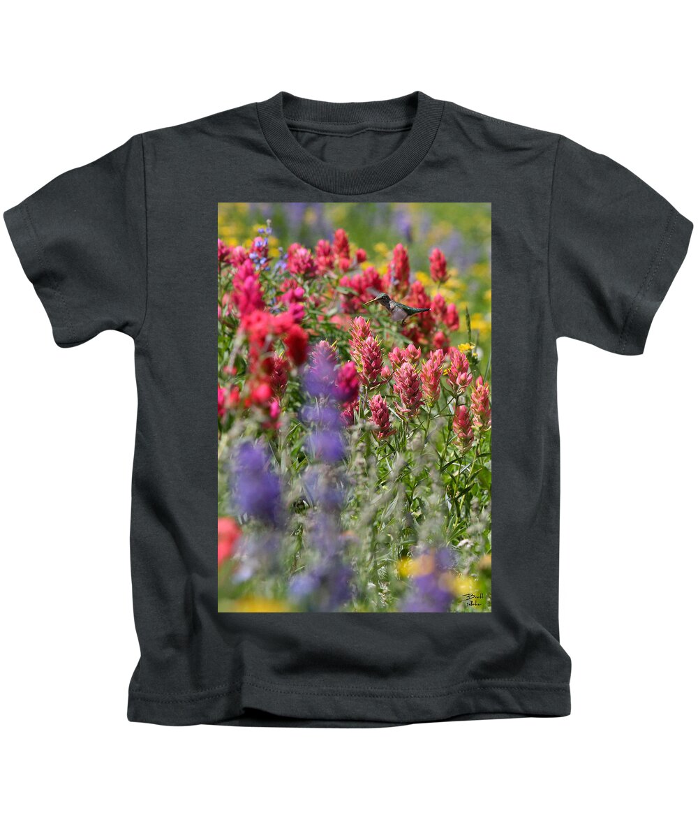 Wildflower Kids T-Shirt featuring the photograph Hummingbird with Wildflowers by Brett Pelletier